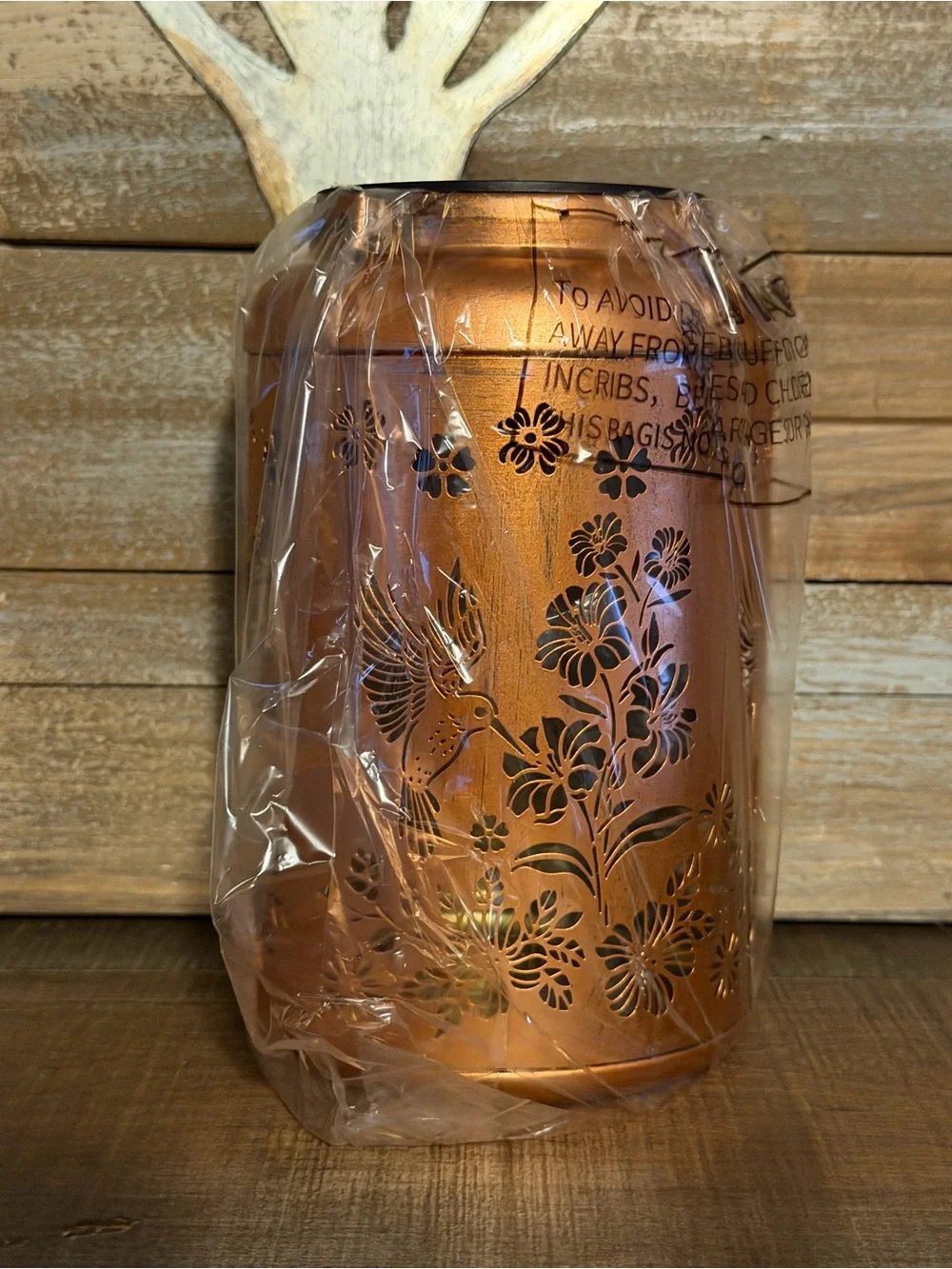 Solar Lantern Outdoor Copper Floral Hummingbird Metal Hanging Lantern
